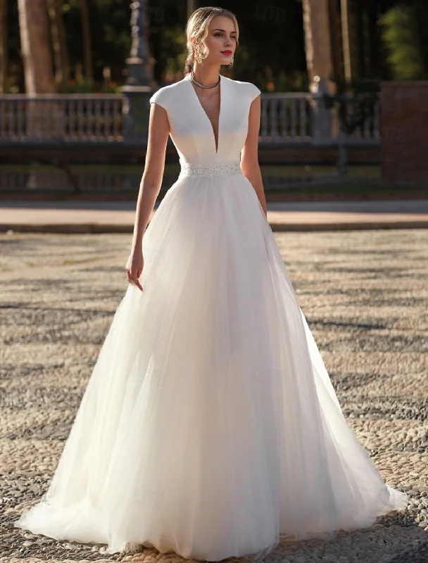 DingJiDress Wedding Dresses A-Line V Neck Short Sleeve Sweep / Brush Train Tulle Bridal Gowns Modern Bridal Gown