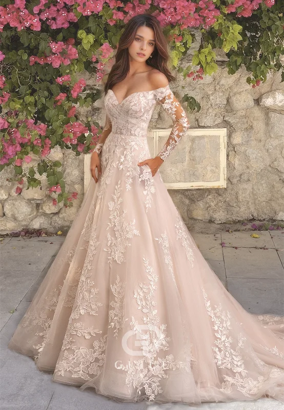 Ornate V-Neck Draped A-Line  Wedding Dress with Lace Appliques and Sleeves Classic Satin Gown