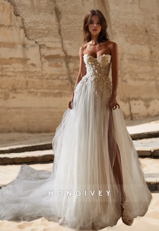 HONGIVEY Lace Applique Wedding Dresses with Train Sweetheart Side Slit Bridal Dress Empire Waist Gown