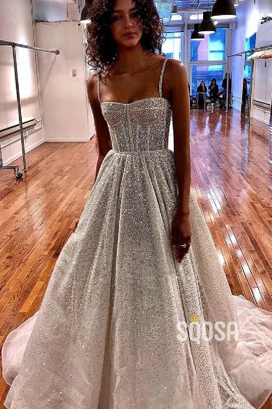 Spaghetti Straps Sequins A-line Sparkly Wedding Dress Bridal Gown QW2513 Floral Wedding Gown