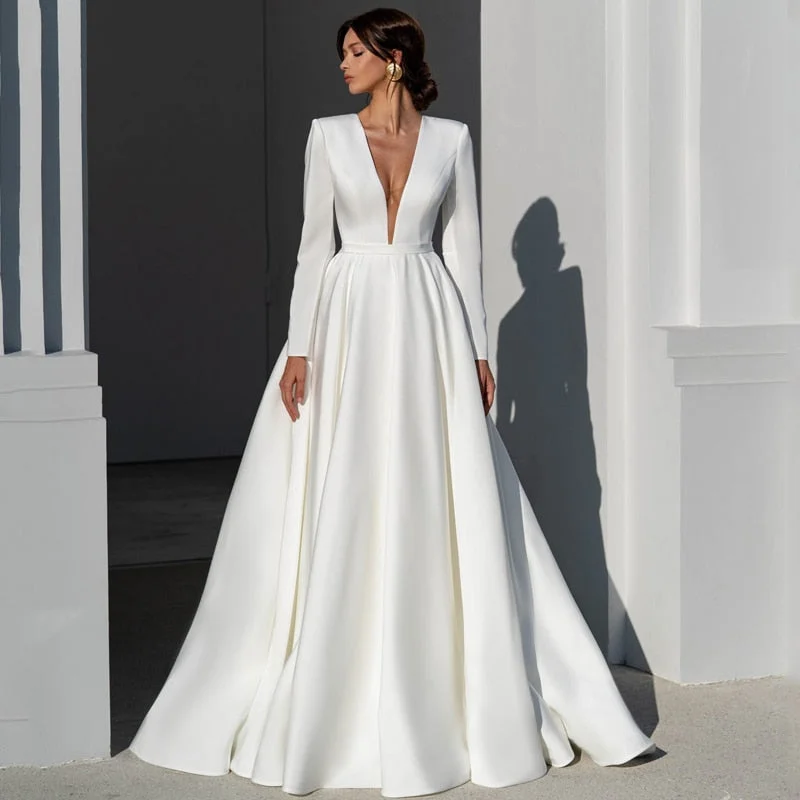 A-Line Wedding Dresses V-Neck Long Sleeve Dress Boho Beach Backless Timeless Wedding Dress