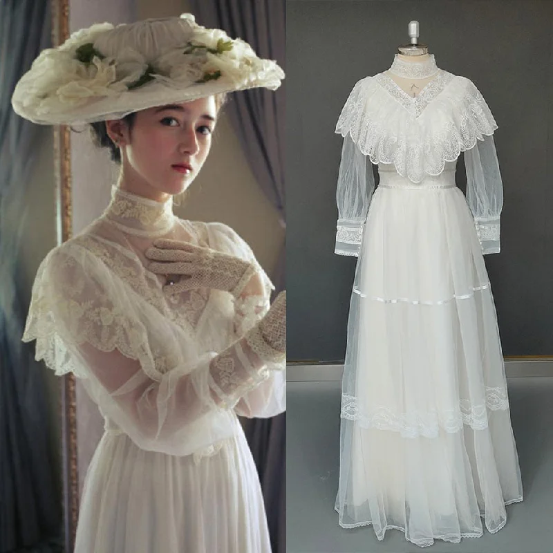 High Neck Tulle Wedding Dress Vintage Long Sleeve Lace Silk Bridal Dress