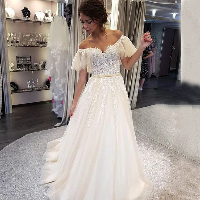 Charming Off Shoulder Lace Top Wedding Dress, Tulle A-Line Applique Wedding Dress, KX596 Illusion Lace Gown