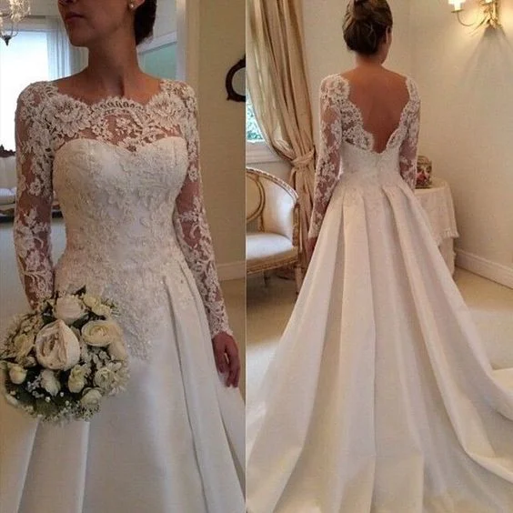 long sleeve wedding dresses for bride 2020 lace appliqué beaded elegant cheap satin wedding gowns vestido de novia Ruffle Wedding Gown