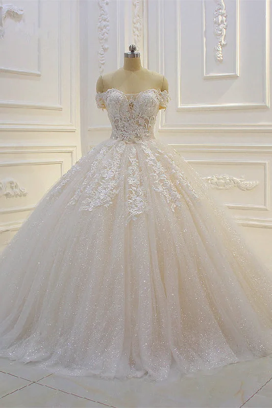 Off the shoulder Tulle Lace Appliques Sequined Wedding Dress Crystal Wedding Dress