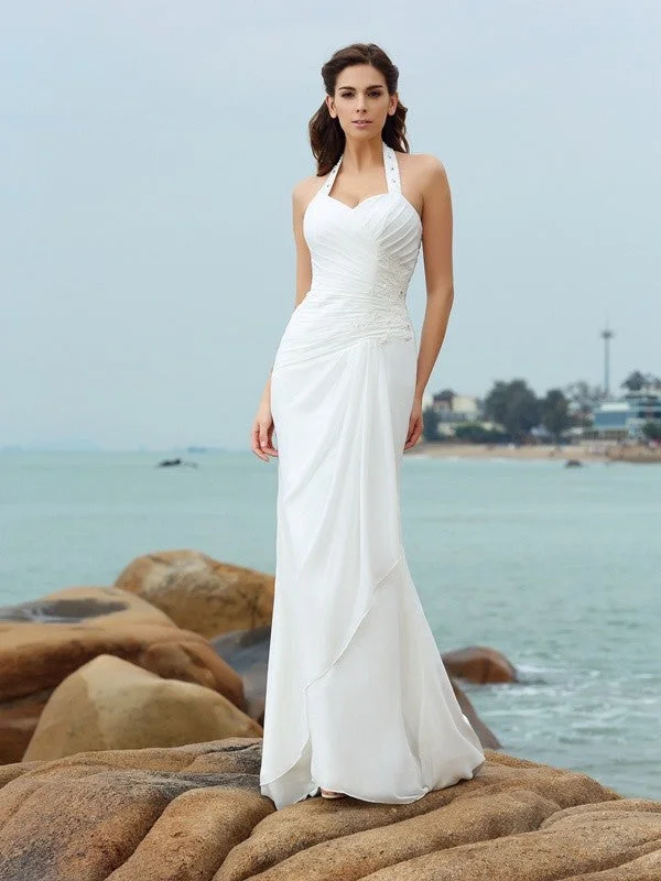 Sheath/Column Halter Pleats Sleeveless Long Chiffon Beach Wedding Dresses TPP0006542 Sparkling Wedding Dress