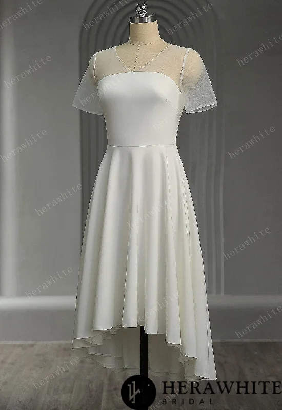 Soft Satin Short Wedding Dress With Short Sleeves Lace A-line Dress