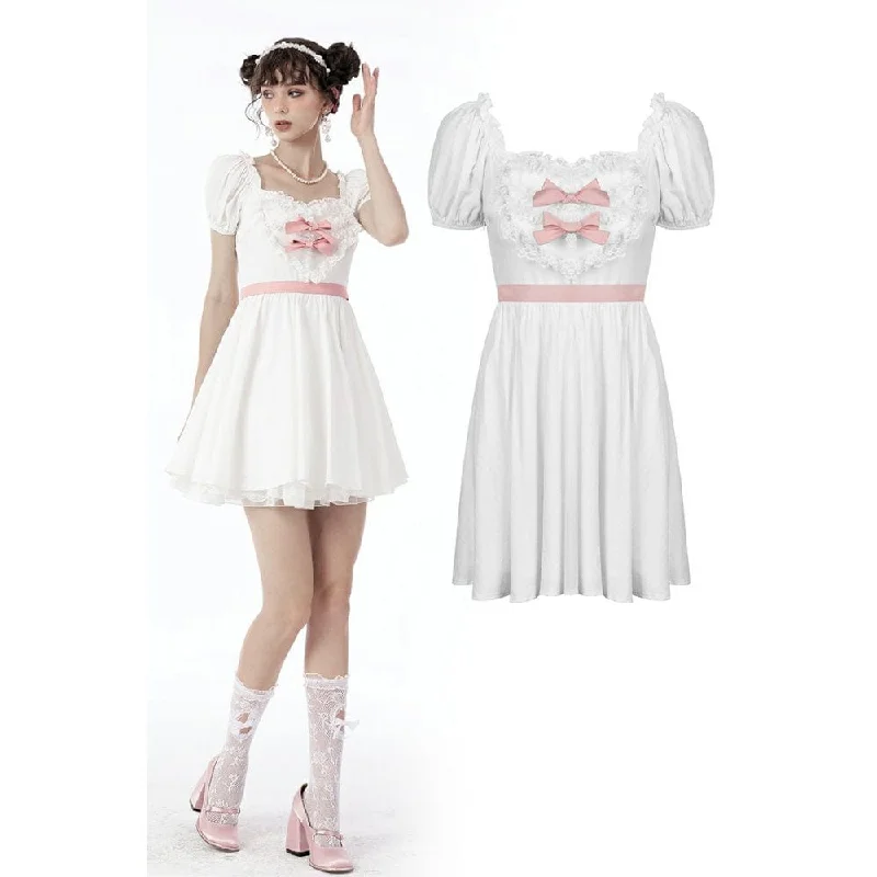 Women's Lolita Bowknot Puff Sleeved Princess Dress Wedding Dress Soft Lace Gown