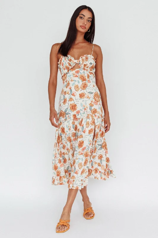 Everglow Shirred Bust Midi Dress Floral Beige Cocktail midi dresses