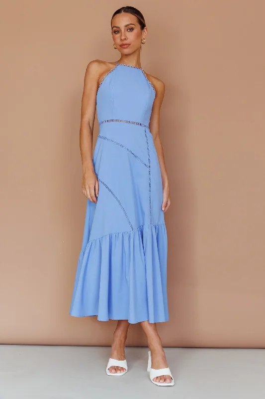 Felini Criss-Cross Back Flounce Midi Dress Blue Chiffon midi dresses