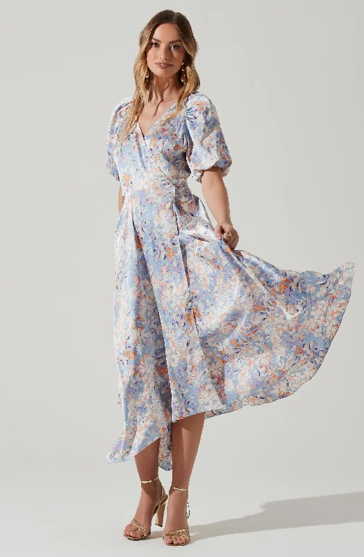 Satin Floral Bubble Sleeve Wrap Midi Dress Vacation midi dresses