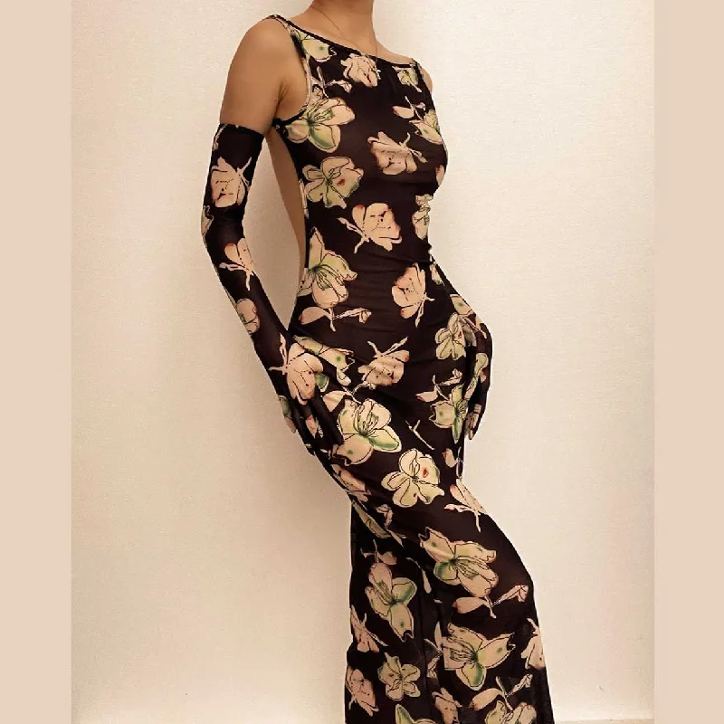 Sheer mesh sleeveless gloves backless flower pattern midi dress Best midi dresses for summer vacation