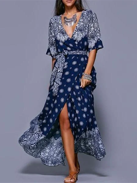 Floral Split-side With Raised Bands Short Sleeve V-neck Maxi Dress Spring maxi dresses