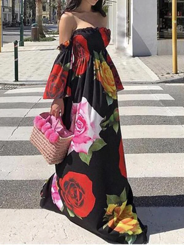 Long Summer Print Floral Off Shoulder Maxi Dress Preppy maxi dresses