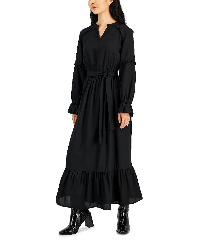 Petite Ruffle-Trim Balloon-Sleeve Maxi Dress Knitted maxi dresses