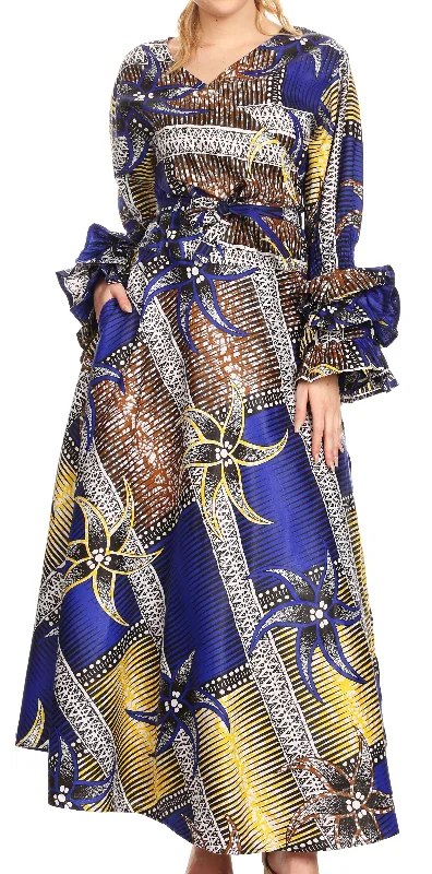 Sakkas Tale Women's Maxi Long Sleeve Wrap Dress with Pockets African Ankara Print Office maxi dresses