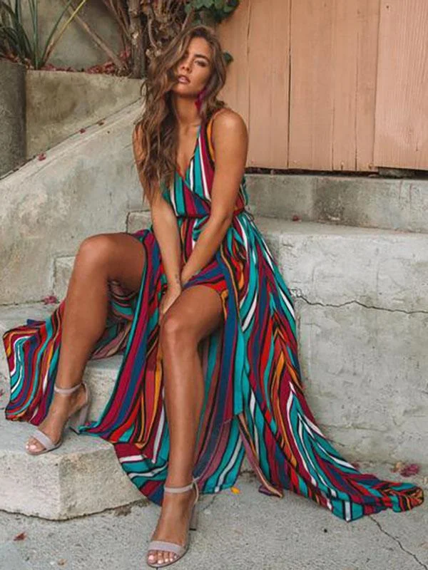 Unique Sexy Striped Sleeveless Split-side Maxi Dress Minimalist maxi dresses