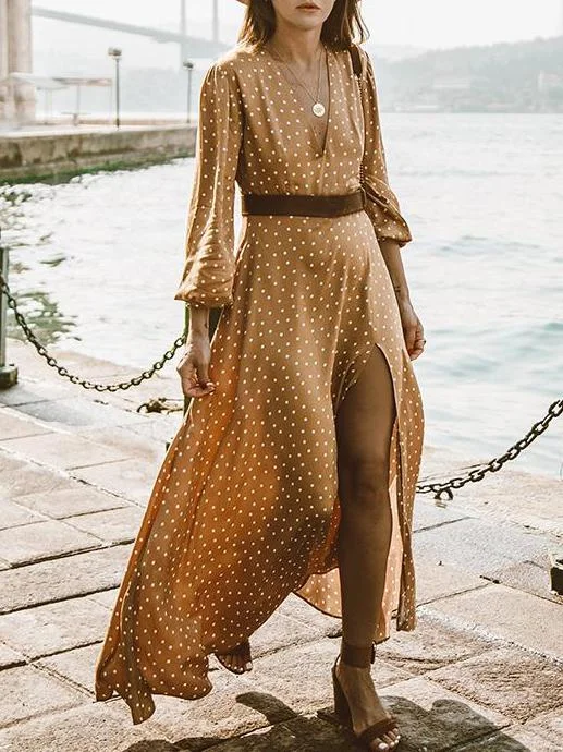 Unique Summer Bohemia Polka-dot V Neck Maxi Dress Beach maxi dresses