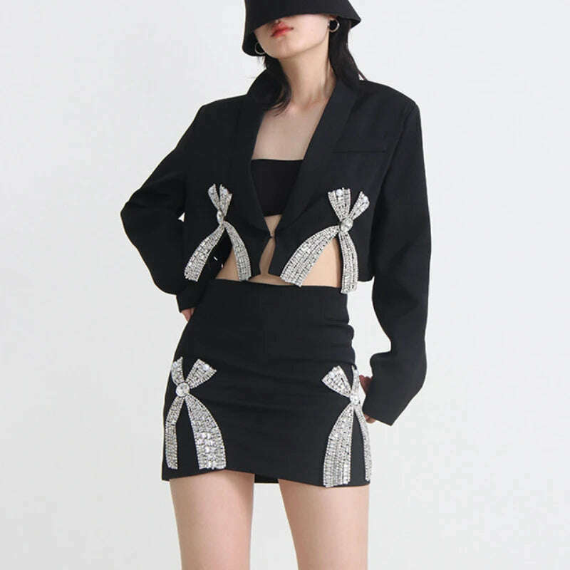 3D Bow Rhinestones Embellishment Suit Coat Diamonds Beaded Blazers Coat Crystal Cardigan + Short Bowtie A-Line Skirt 2pcs Set Plaid Skater Skirt