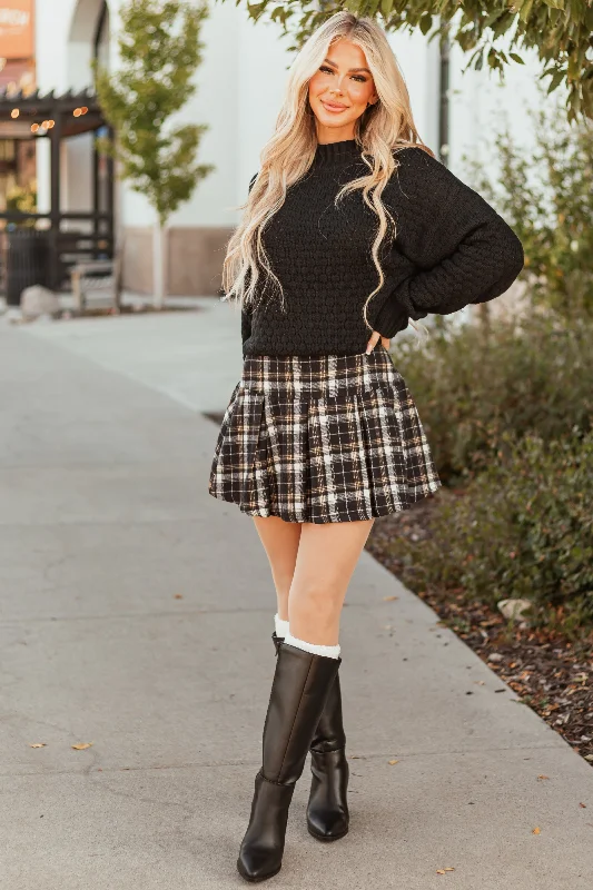 Black and Peanut Plaid Pleated Mini Skirt Printed Mini Skirt