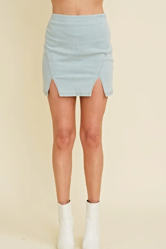 High Waisted Double Slit Mini Skirt in light denim Lace-up Mini Skirt