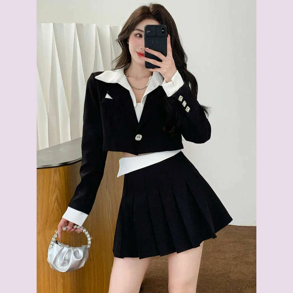 Elegant Fashion Two Piece Set Women Short Blazer Coat Crop Top + Pleated Skirt Suit Spring Office Lady 2 Piece Sets Women Outfit High-waist Denim Skirt