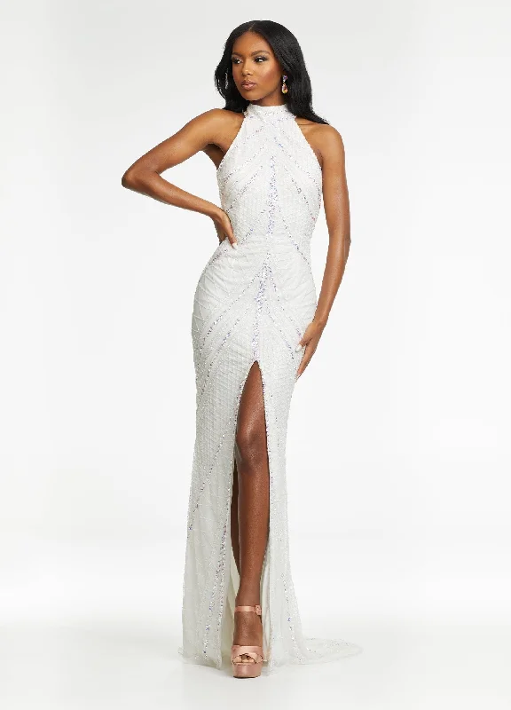 Ashley Lauren - 11177 Beaded Halter Gown with Slit Office party dresses