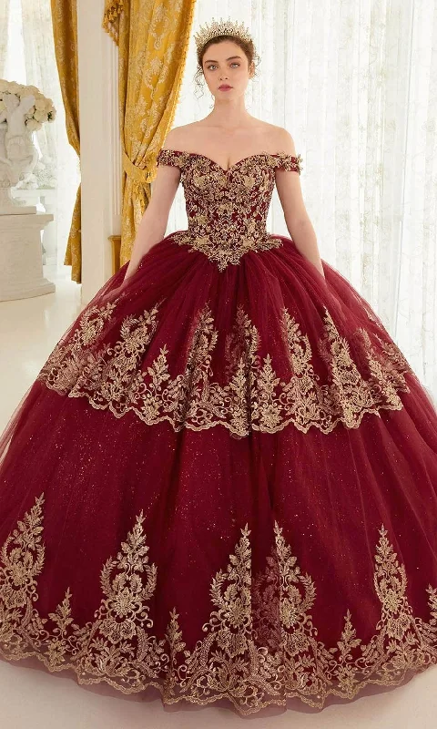 Cinderella Divine 15705 - Gold Lace Applique Off-Shoulder Ballgown Street style party dresses