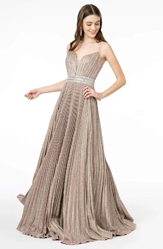 Elizabeth K - GL2905 Deep V Neck Pleated Metallic Glitter A-Line Gown Best party dresses for wedding guests