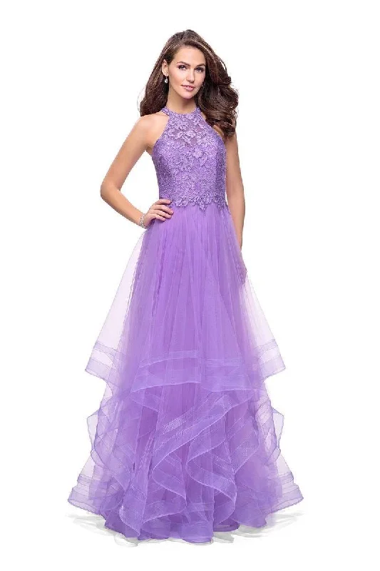 La Femme - 25671 High Halter Lace Bodice Tiered Tulle Gown Hot new arrivals in party dresses