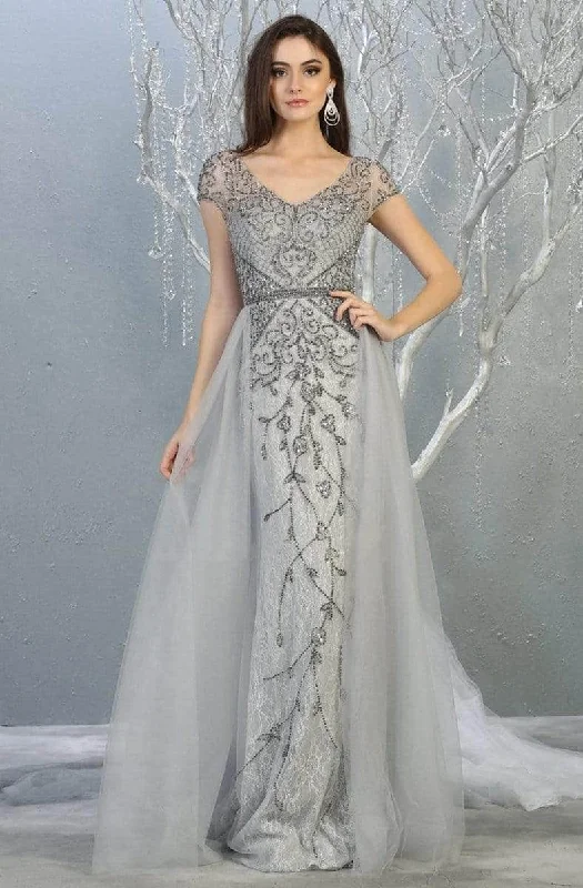 May Queen - Beaded V-Neck Overskirt Prom Gown RQ7833 - 1 pc Silver In Size 6 Available Best party dresses for date night