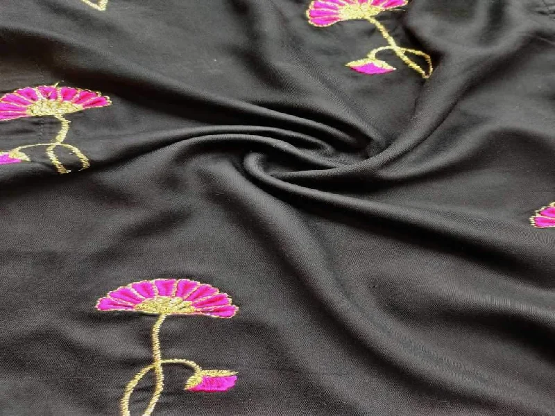 Black Pink Flowers Embroidered Rayon Fabric Ruffled unclassified dresses