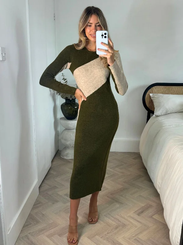 Brynn Knitted Colourblock Midaxi Dress in Stone & Khaki Best-selling unclassified dresses