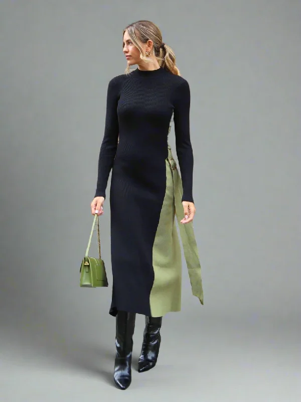 Caitlin Colourblock FIt & Flare Knitted Dress in Khaki and Black Graduation unclassified dresses