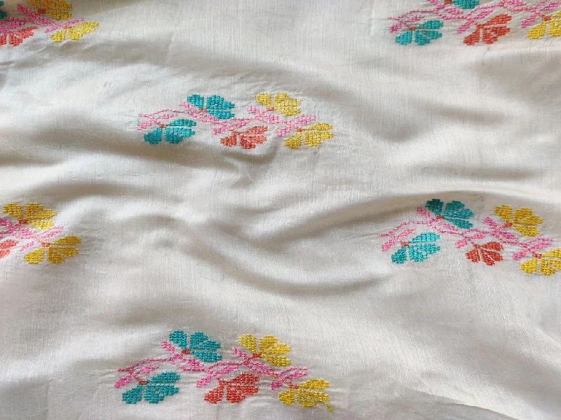 Cream Multicolour Flowers Cross Stitch Embroidered Chanderi Fabric Flowy unclassified dresses