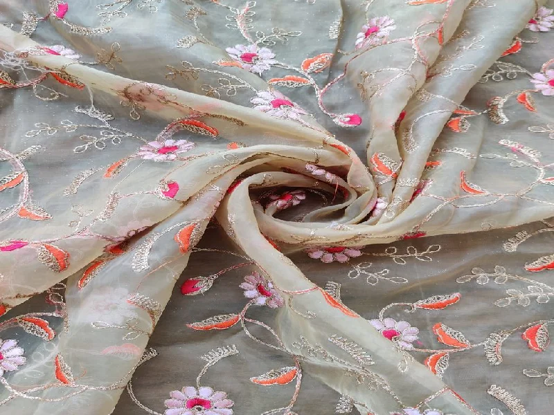 Cream Pink Orange Flowers Embroidered Organza Fabric Chic unclassified dresses