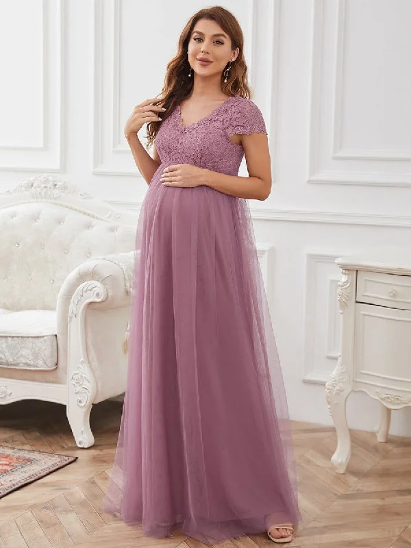 Elegant  V-neck A-Line Floor-Length Bump Friendly Dresses Flowy unclassified dresses