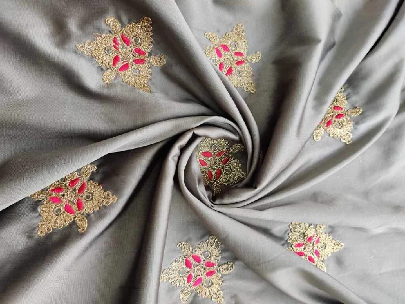 Grey Pink Golden Flowers Thread Embroidered Taffeta Silk Fabric Petite unclassified dresses