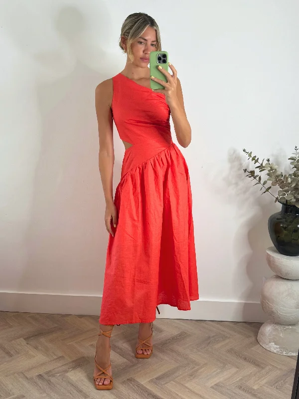 Jasmine Cut Out One Shoulder Dress in Coral Velvet unclassified dresses