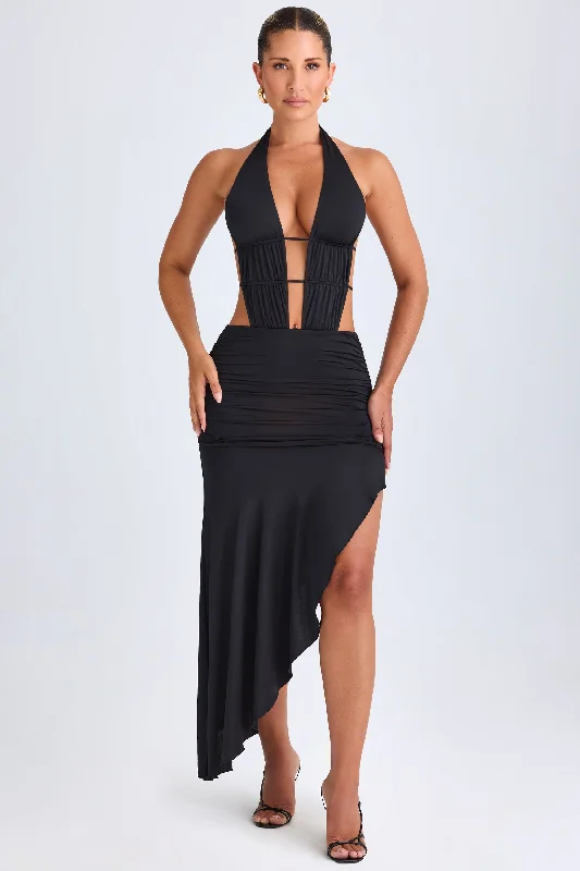 Asymmetric Cut-Out Halterneck Midaxi Dress in Black Off-shoulder unclassified dresses