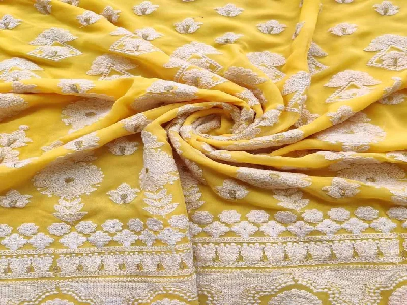 Yellow White Flowers Lakhnawi Embroidered Georgette Fabric Ruched unclassified dresses