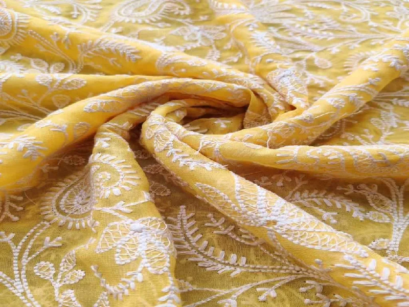 Yellow White Paisleys Lakhnawi Embroidered Pure Georgette Fabric A-line unclassified dresses