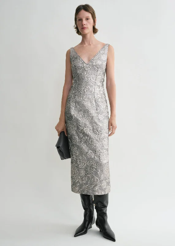 V-neck brocade dress silver Preppy unclassified dresses