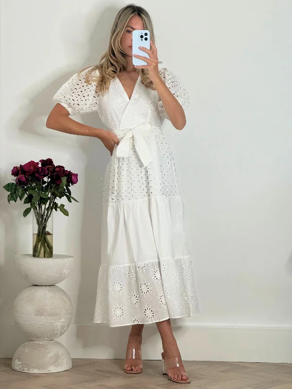 Claudia Puff Sleeve Broderie Midaxi Dress in White Elegant evening unclassified dresses