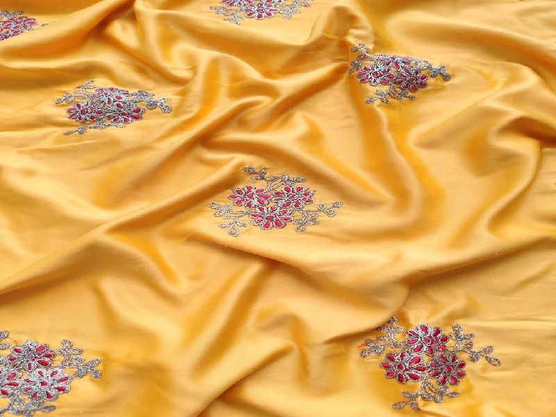 Yellow Red Flowers Embroidered Satin Fabric Stylish unclassified dresses