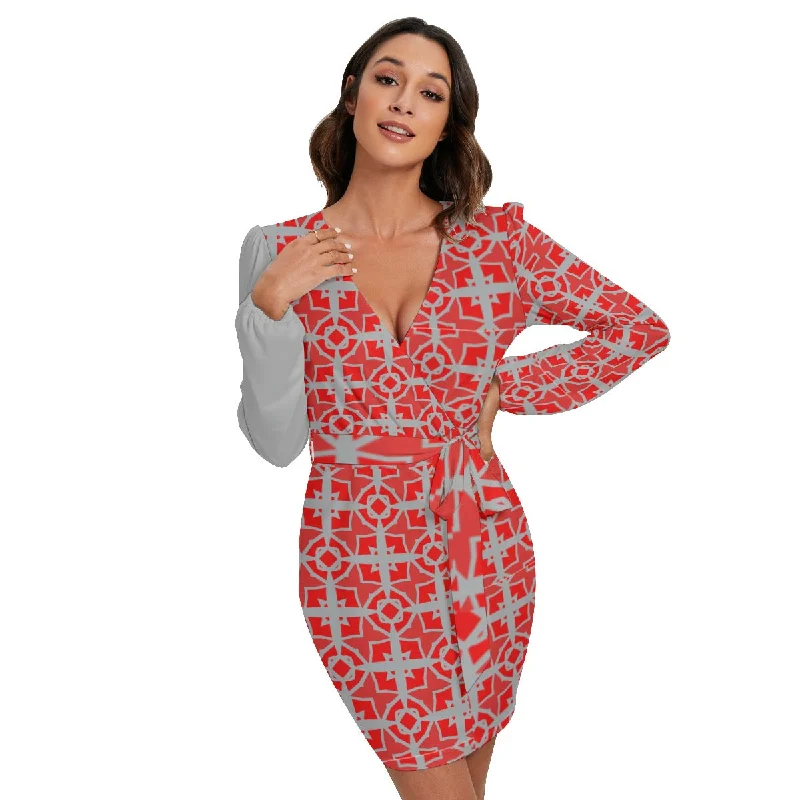 #175 LDCC Women's Long Sleeve Dress With Waist Belt red/gray pattern Best floral dresses for petites