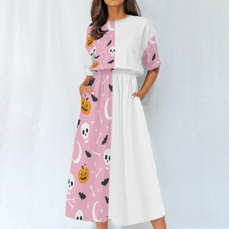 All-Over Print Women's Elastic Waist Dress 348 pink, and white Halloween print Best floral dresses for casual outings