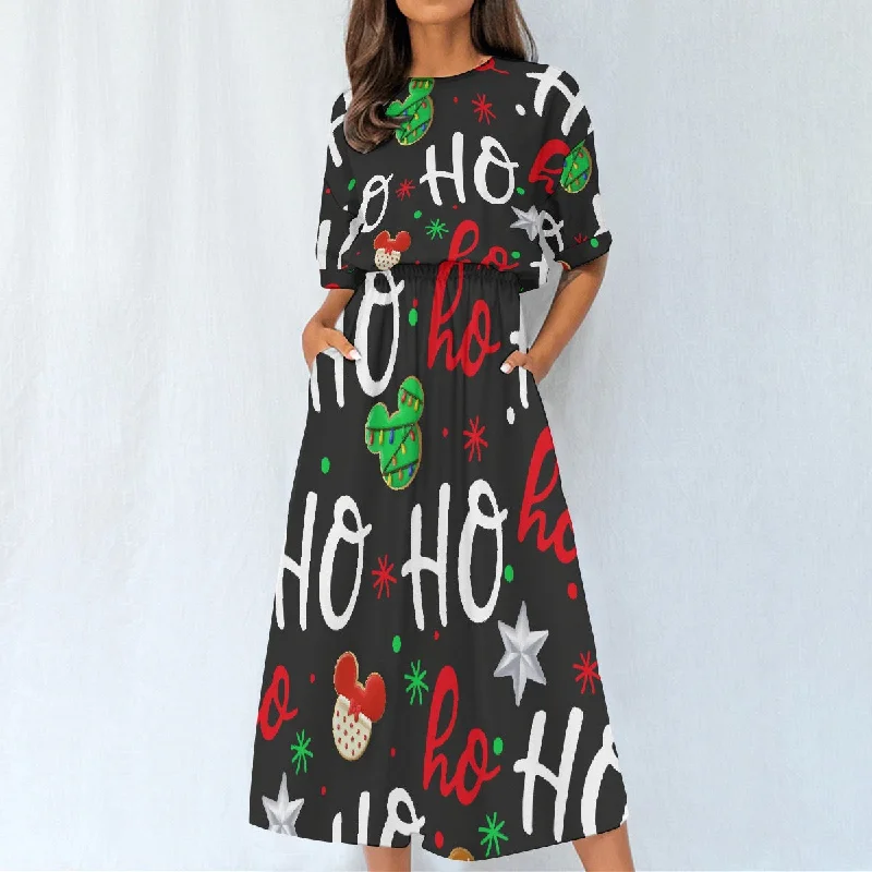 All-Over Print Women's Elastic Waist Dress 347 Christmas, ho ho ho print Comfortable floral dresses for everyday wear