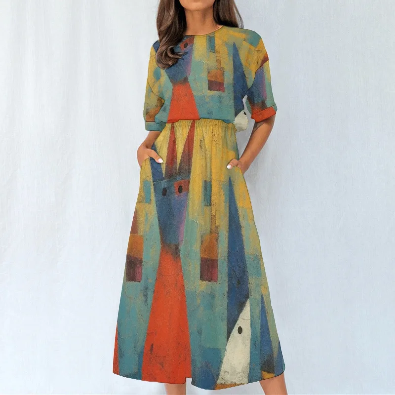 All-Over Print Women's Elastic Waist Dress 344 multicolored, abstract, print Cotton floral dresses