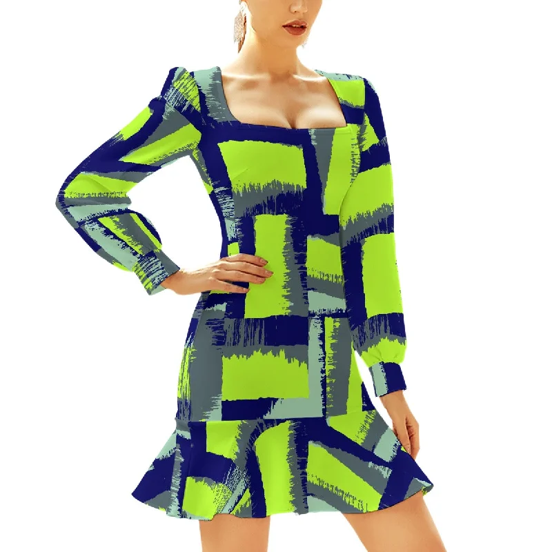 All-Over Print Women's Ruffle Hem Skinny Dress SS 22 green and blue print A-line floral dresses